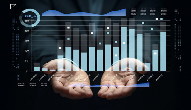 Data analytics in business growth with digital charts visualization, hands showing bar graphs and numerical statistics in modern analytics environment
