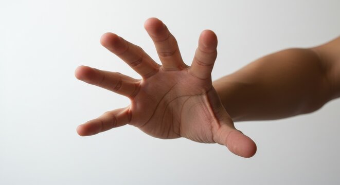 Outstretched hand reaching toward the camera, fingers extended, captured from a front angle with depth of field. 