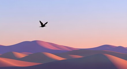 A Lone Bird&rsquo;s Flight Over Pastel Hills at Dusk