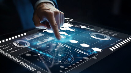 Business Professional Interacting with Digital Touchscreen Interface Displaying Global Data Analytics and Statistical Graphs
