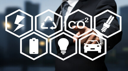 Businessman Touching Creative Icons for Sustainability and Environment in Urban Setting with...