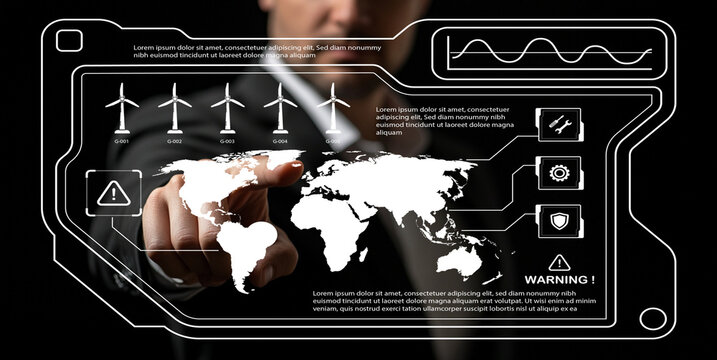 Businessman Interacting with Digital Interface Featuring World Map, Data Charts, Security Icons, and Wind Turbines in a Futuristic Environment