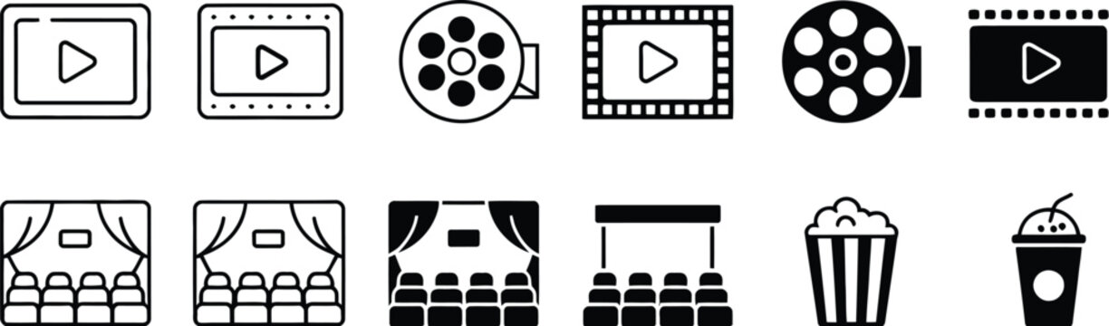 Icons representing movie theater elements in black and white style