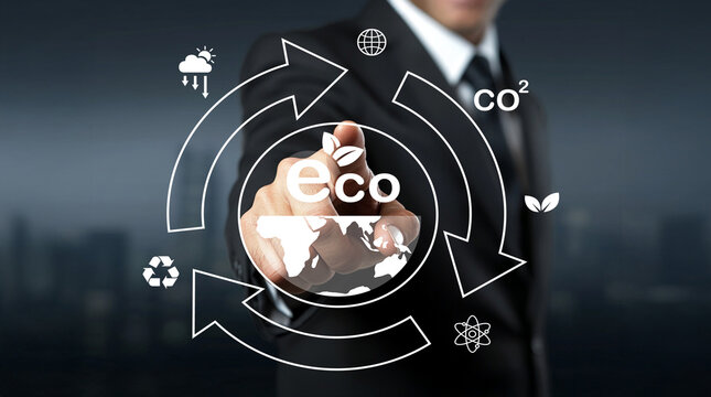 Conceptual representation of environmental sustainability with eco symbols, recycling icons, and a businessman interacting with digital graphics for green technology - Powered by Adobe