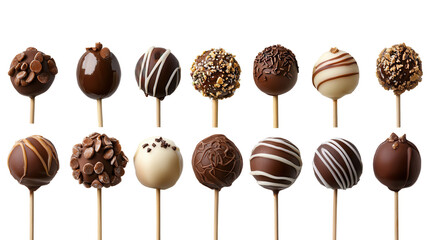 Assorted Gourmet Chocolate Cake Pops on Sticks in Various Decorated Styles for Delicious Treats