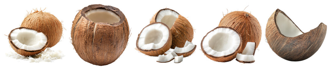 Fresh Coconuts and Coconut Products Displayed on White Background, PNG bundle collection, Isolated on Transparent Background