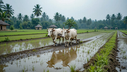 Two white oxen diligently plow a flooded rice paddy. Lush green rice sprouts, palm trees, and simple huts form a tranquil rural scene.