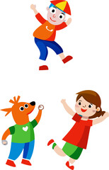 Bright vector of children flying kites shaped like animals in clear blue sky with white background.