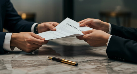 Contract exchange: In a world of agreements, two businessperson exchange a pivotal document in an intense negotiation. The sleek pen nearby hints at the importance of a successful conclusion.