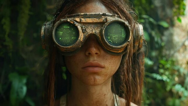 A young woman with freckles and dreadlocks wears dirty goggles displaying green digital readouts amidst lush jungle foliage
