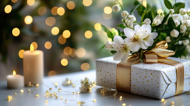 Beautifully wrapped gift adorned with white flowers and golden ribbon, surrounded by soft candlelight and bokeh lights, creates warm and inviting - Powered by Adobe