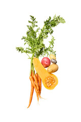 Fresh carrots butternut squash and potatoes arranged on a gray surface isolated on transparent...