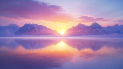 Fototapeta premium Serene mountain vista at sunrise, reflected in calm waters, displaying a sense of peace