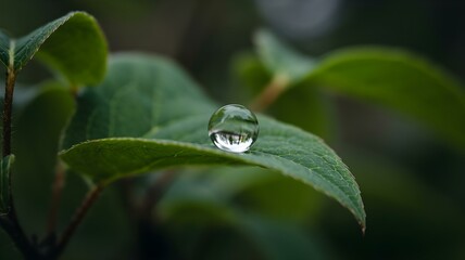 Water Droplet on a Green Leaf, Showcasing Nature, Freshness, and Delicate Beauty in a Close-Up View