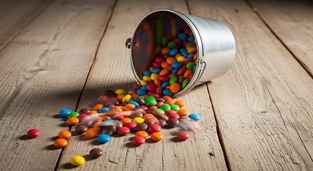 Colorful Chocolate Candies Spilling From A Metal Bucket Onto A Wooden Surface Representing Fun And Sweetness