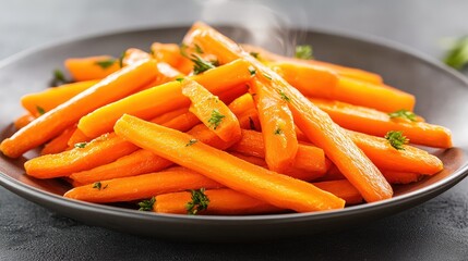A plate of steamed carrot sticks garnished with herbs, served hot and fresh on a dark dish.
