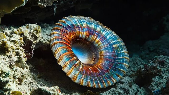 Vibrant, iridescent seashell rests on ocean floor