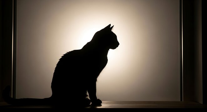 Silhouette of a domestic cat sitting attentively against a softly lit diffused background creating a mysterious and elegant mood
