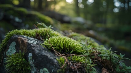 Close-Up of Moss on a Rock in a Forest, Emphasizing Natural Detail, Lush Greenery, and Tranquil Woodland Scenery
