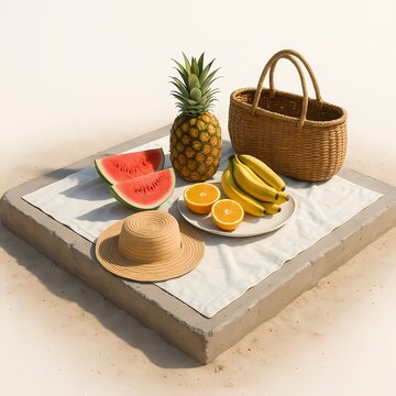 A simple beach picnic setup on a white blanket, featuring fresh fruit, a hat and a wicker basket.