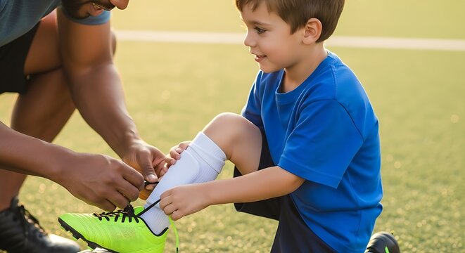 Father helps young son tie soccer cleats on a grassy field promoting teamwork and sportsmanship during training