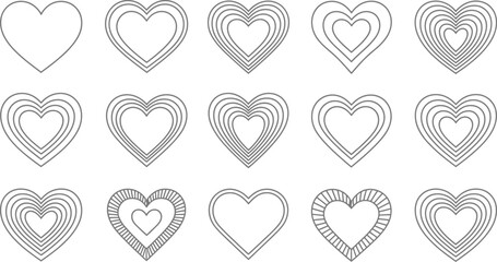 Fifteen heart shapes outline with varying layers and fill patterns