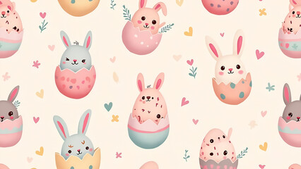 Charming easter pattern featuring adorable bunnies emerging from decorated eggs, accompanied by hearts and floral accents, creating a joyful spring aesthetic.