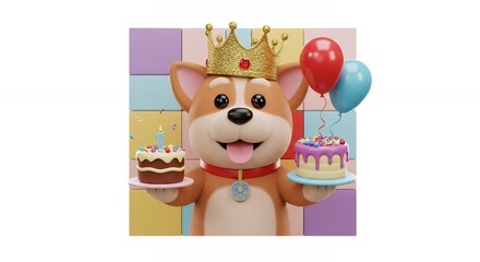 Fototapeta premium Cartoon corgi dog with birthday cakes