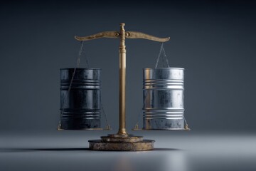 Balanced scale with oil barrel on one side and rising stock index on the other, symbolizing market recovery vs commodity drop.