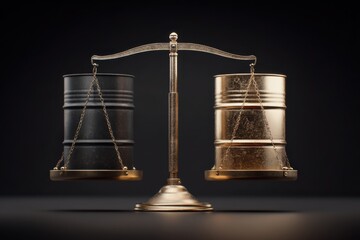 Balanced scale with oil barrel on one side and rising stock index on the other, symbolizing market recovery vs commodity drop.