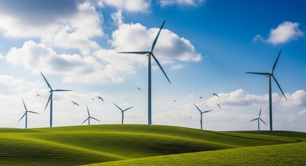 Wind turbines gracefully turn atop rolling green hills under a bright, partly cloudy sky.