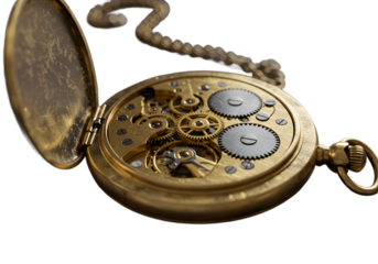 Antique gold pocket watch with gears isolated on transparent background