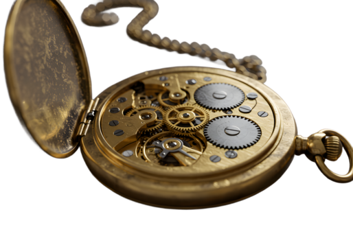 Antique gold pocket watch with gears isolated on transparent background