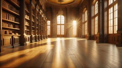 Golden hour sunlight filters through tall windows of an old, dusty library, casting warm shadows over wooden floors and forgotten bookshelves filled with silent stories.
