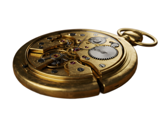 Exposed gears of a gold pocket watch isolated on transparent background