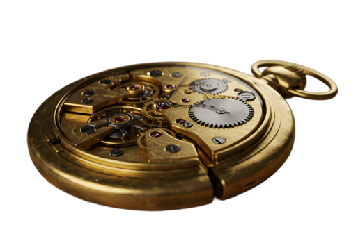 Exposed gears of a gold pocket watch isolated on transparent background - Powered by Adobe