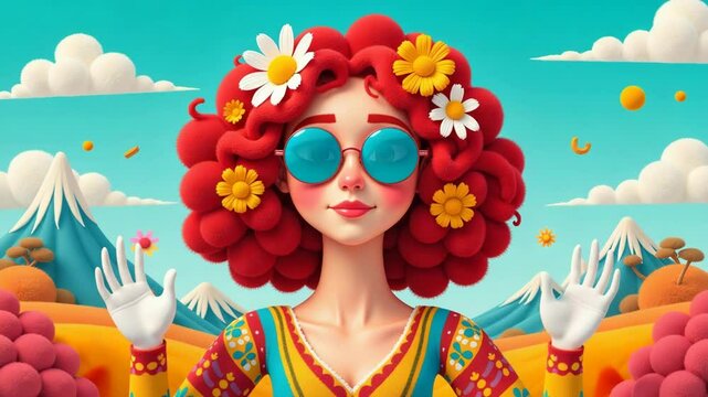 Woman smiling against vibrant floral background
