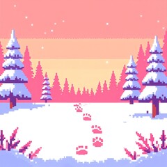A vibrant, pixelated landscape featuring tall, stylized trees blanketed in soft, white snow, under a bright blue sky with fluffy clouds.