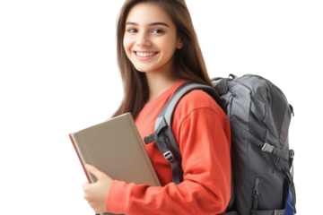 Smiling student with backpack holding book, ready for school, bright youthful energy, casual outfit, positive expression, educational journey, academic enthusiasm