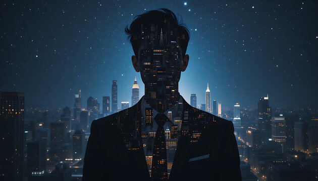 Silhouette of a businessman, cityscape superimposed, night sky backdrop.
