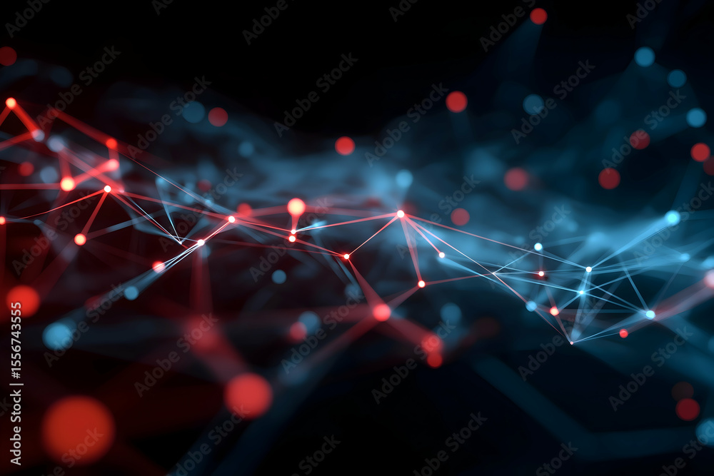 Aufkleber abstract digital network visualization with interconnected nodes and lines in red and blue hues on a
