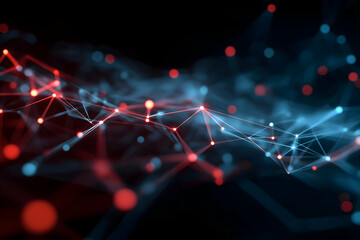 Abstract digital network visualization with interconnected nodes and lines in red and blue hues on a dark background.
