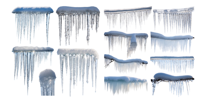 Icicles and Frozen Water Droplets on Roof Edges in Winter Scene