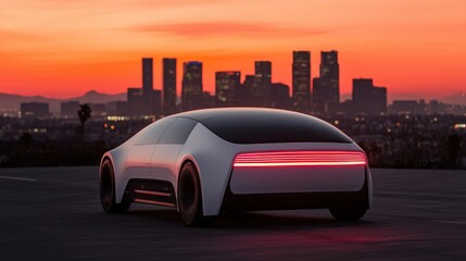 A sleek, futuristic car drives toward a city skyline at sunset, emphasizing innovation and modern urban life.