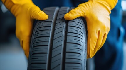 A person wearing yellow gloves is inspecting a car tire's tread closely, checking its condition and alignment.