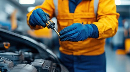 A mechanic in yellow and blue uniform works on a car engine using a screwdriver in a well-lit garage.