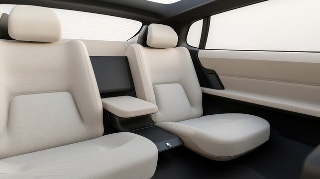 Modern car interior with two white leather seats, center armrest, panoramic roof, and sleek minimalist design.