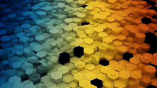 Hexagons cascade in blue yellow  orange shades some are missing creating black gaps