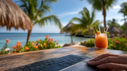 Tropical beach laptop scene