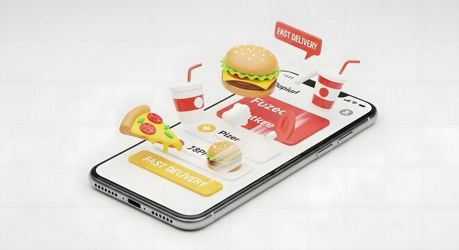 Fast food selection appears to float over a phone, offering easy online ordering and fast delivery.